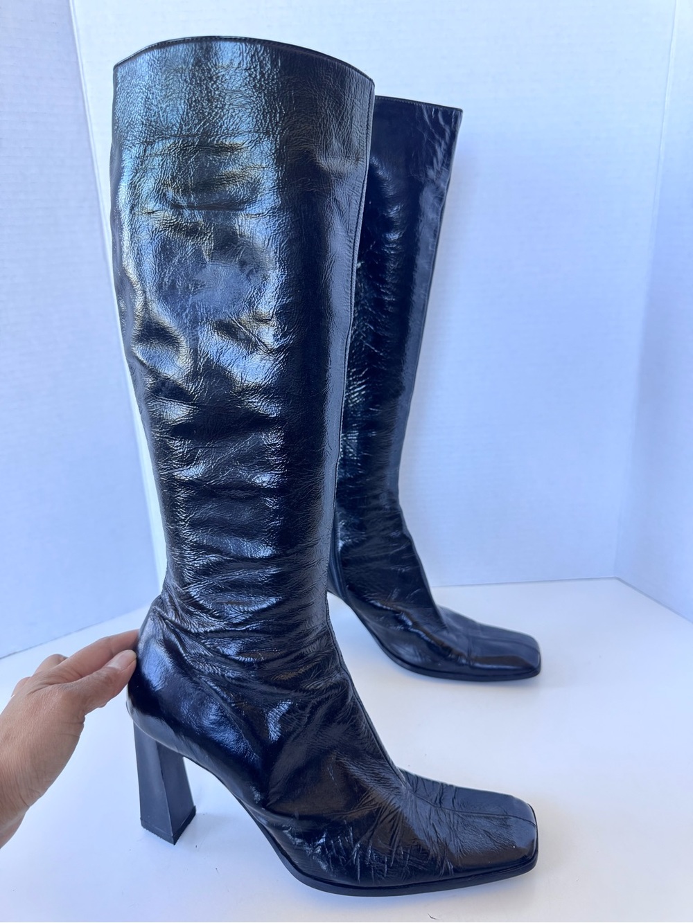 vintage 90s prada tall patent square toe zip heel boots goth size 40